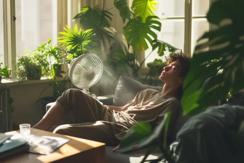 Ventilateur appartement posé dans un salon moderne, solution économique et efficace pour se rafraîchir en été.